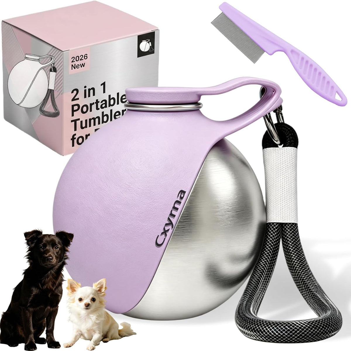 2 in 1 Portable Tumbler for Dogs, 2026 New 10Oz Stainless Steel Dog Water Bottle with Silicone Foldable Bowl, Leak-Proof 2 in 1 Portable Small Dog Water Bottle for Walking, Hiking & Travel (10Oz-Pink)